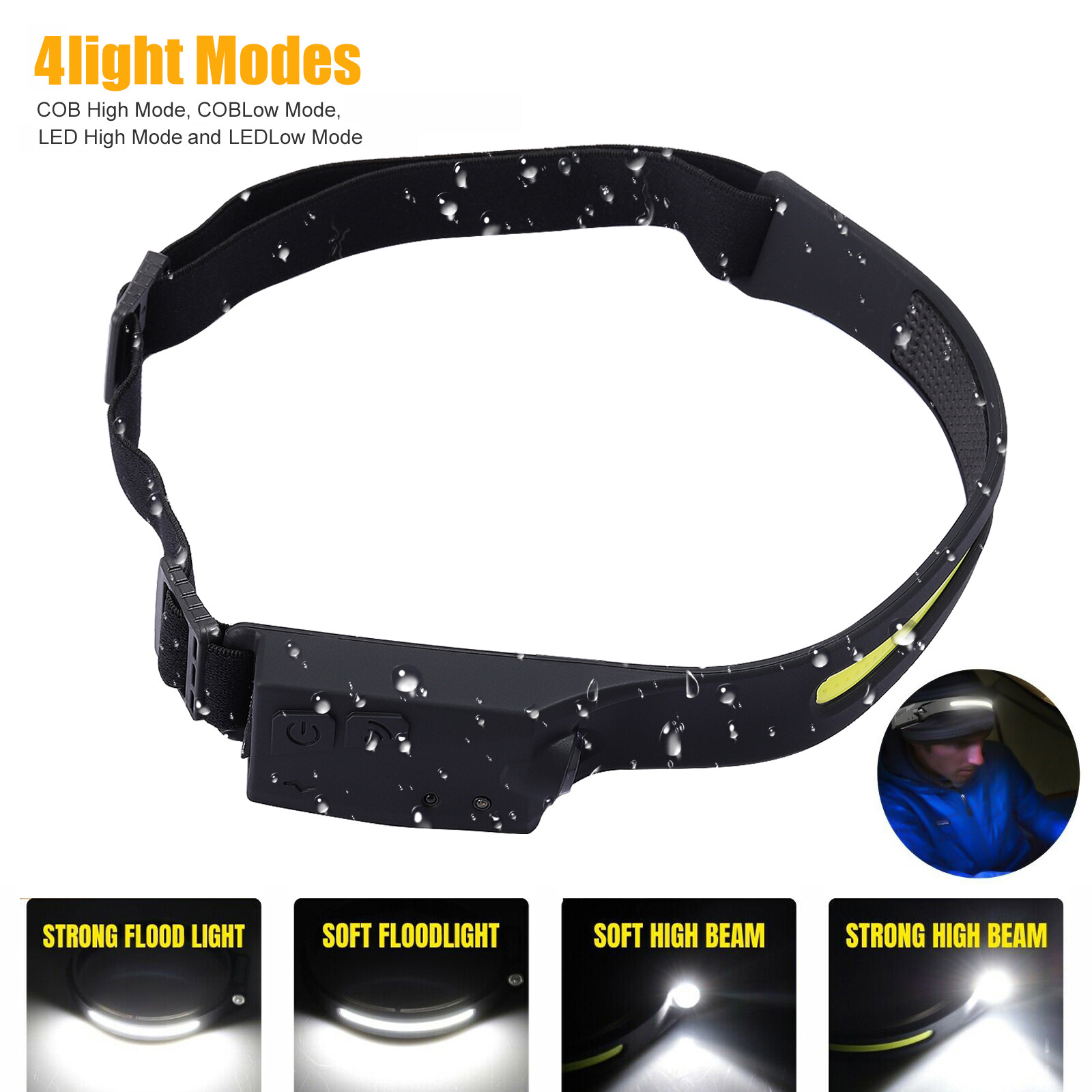 COB LED Headlamp USB Rechargeable Headlight Torch Work Light Bar Head Band Lamp