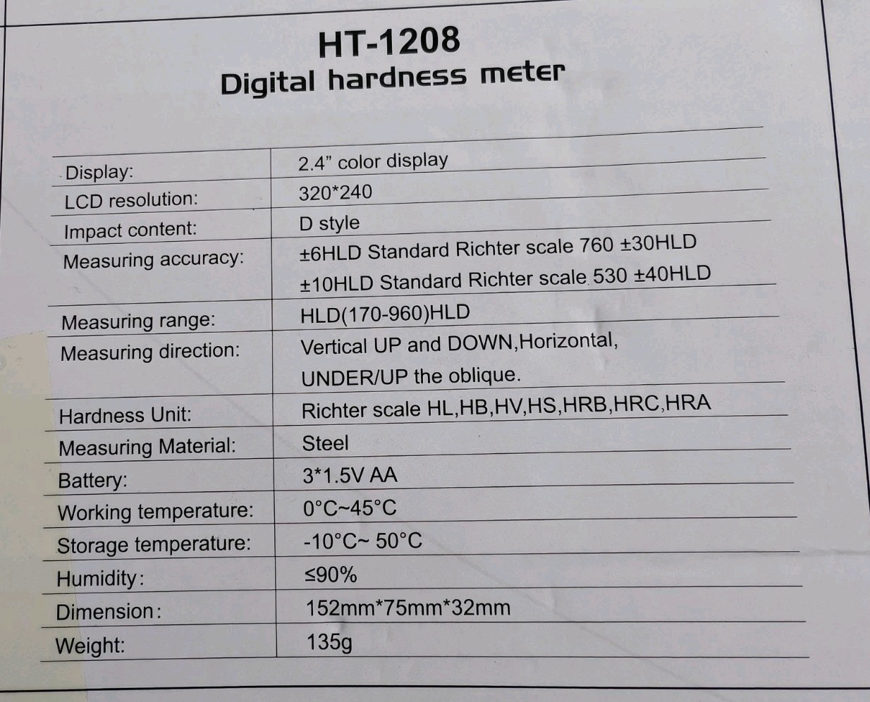Digital TFT Screen Hardness Tester High Accuracy Hardness Meter Durometer HT1208