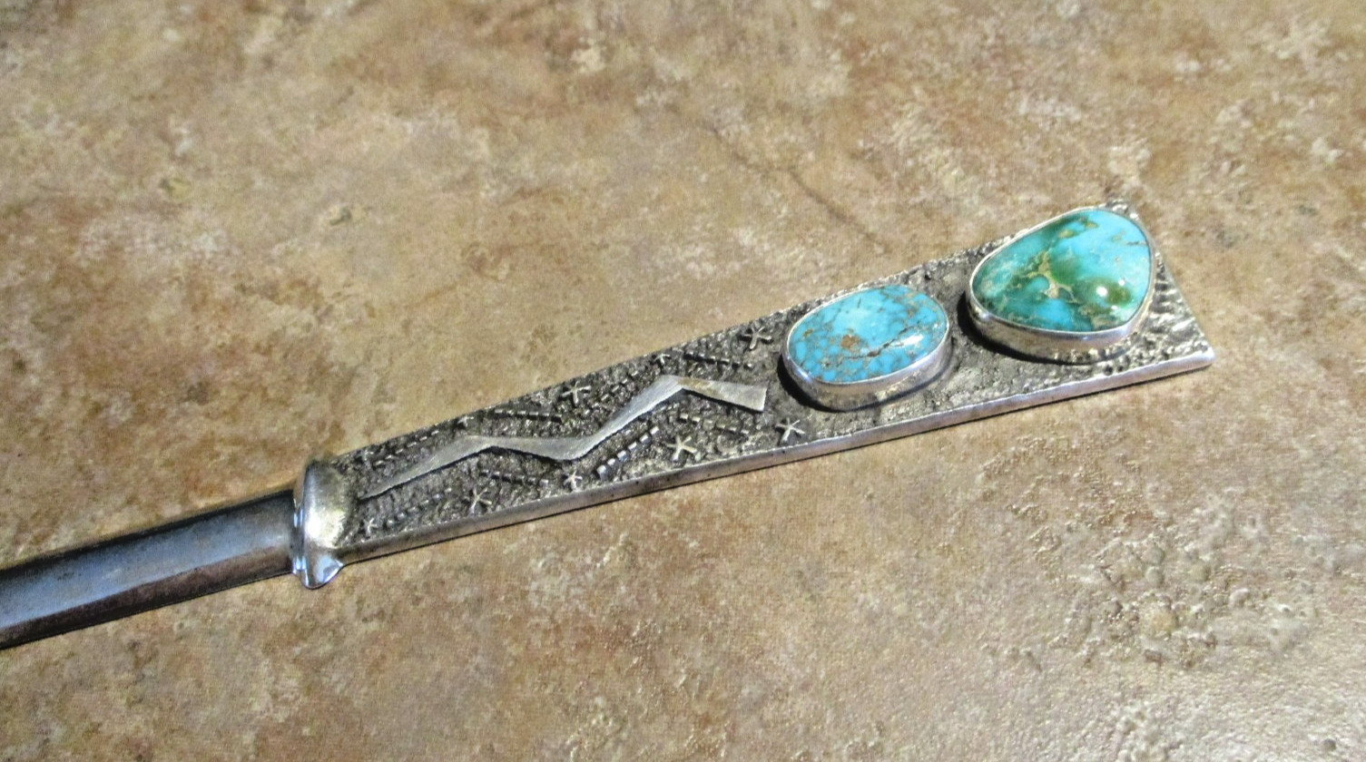7" TOP SHELF !!! Vintage Navajo Sterling Turquoise Sandcast LETTER OPENER