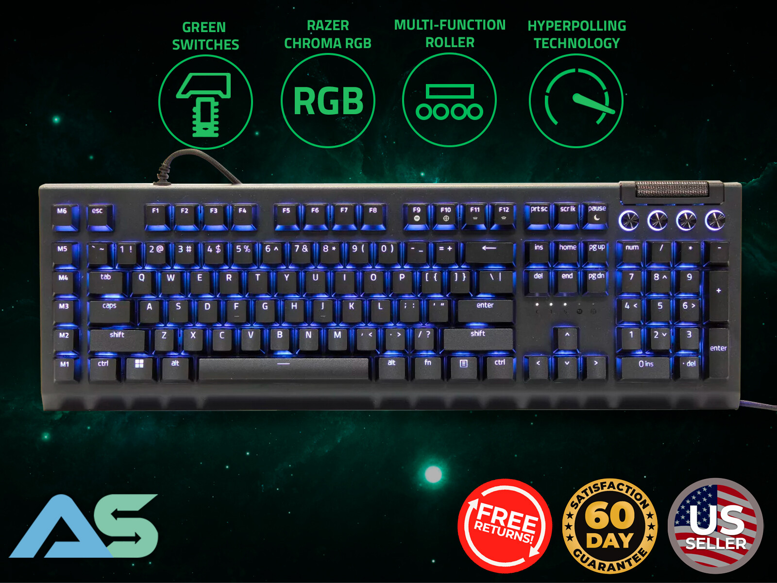 Razer BlackWidow V4 Wired Mechanical Gaming Keyboard (Clicky Green Switch) Black