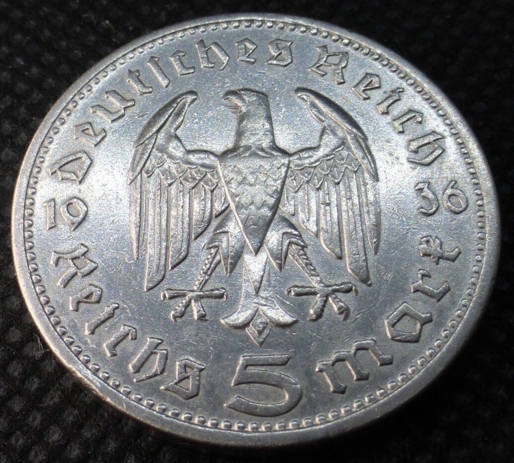 Nazi Silver Coin 5 Reichsmark Third Reich Germany Beautiful Hindenburg WW2 Relic