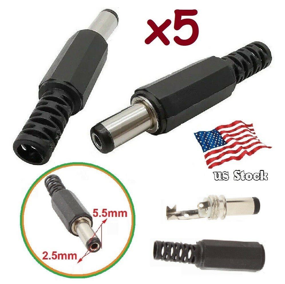 5-Pack 5.5x2.5mm *13 Male Solder DC Power Barrel Tip Plug Straight Connectors