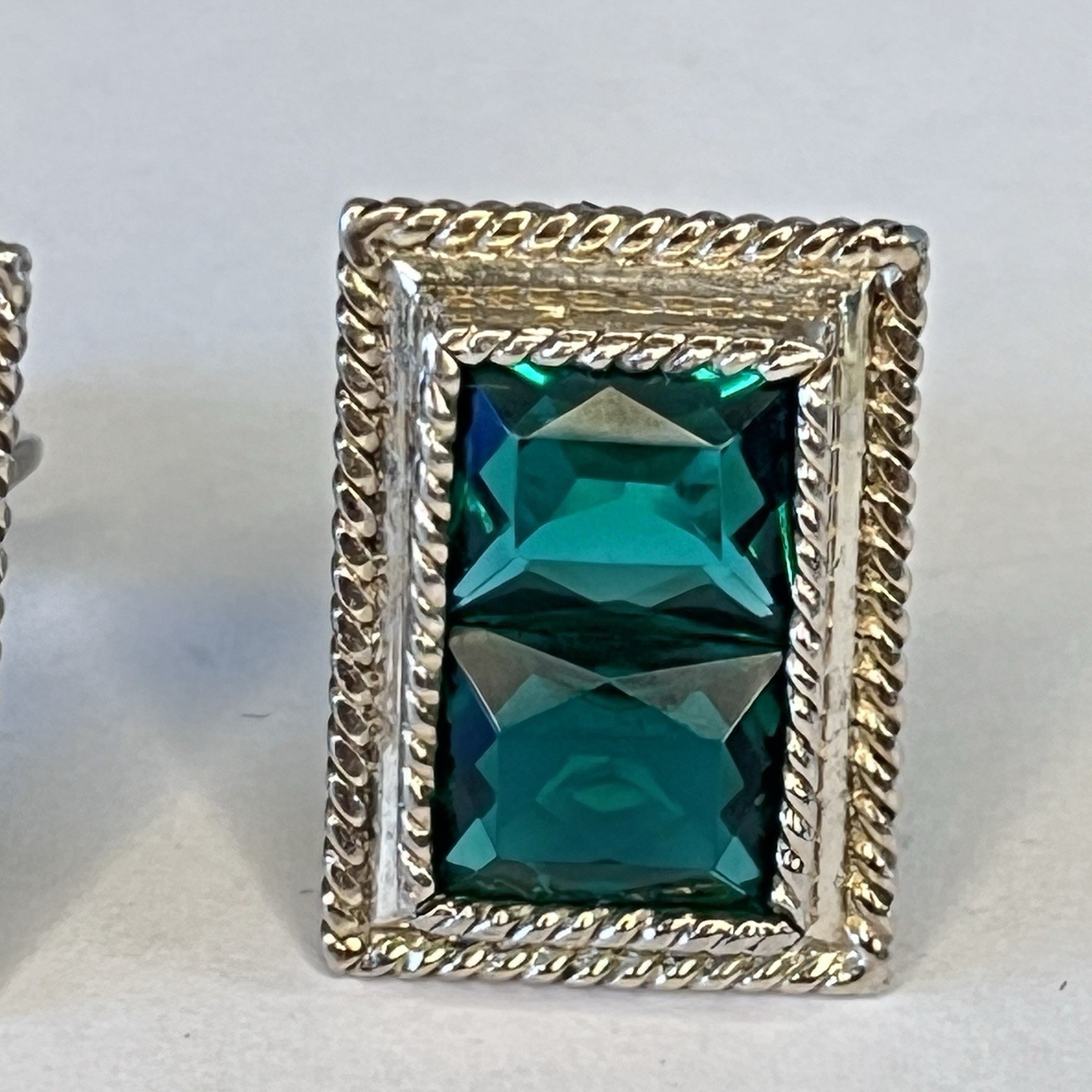 925 Sterling Silver Vintage Cuff Links DA VINCI Green Emerald cut Crystal slx
