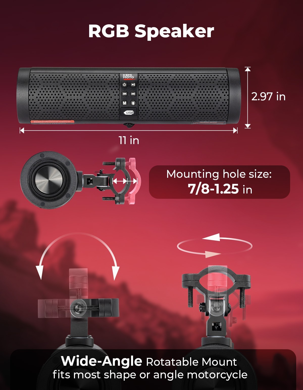 Bluetooth 4-Speaker Motorcycle Sound Bar Stereo Audio System w/ LED RGB Lighting