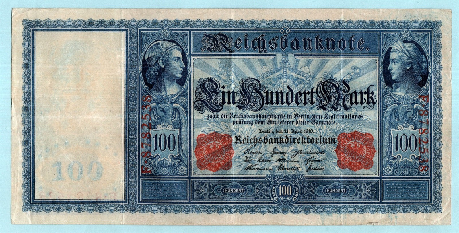 GERMANY BERLIN 100 MARK LARGE BANKNOTE 1910 PRE WWI - RED SEAL - 116 YEARS OLD
