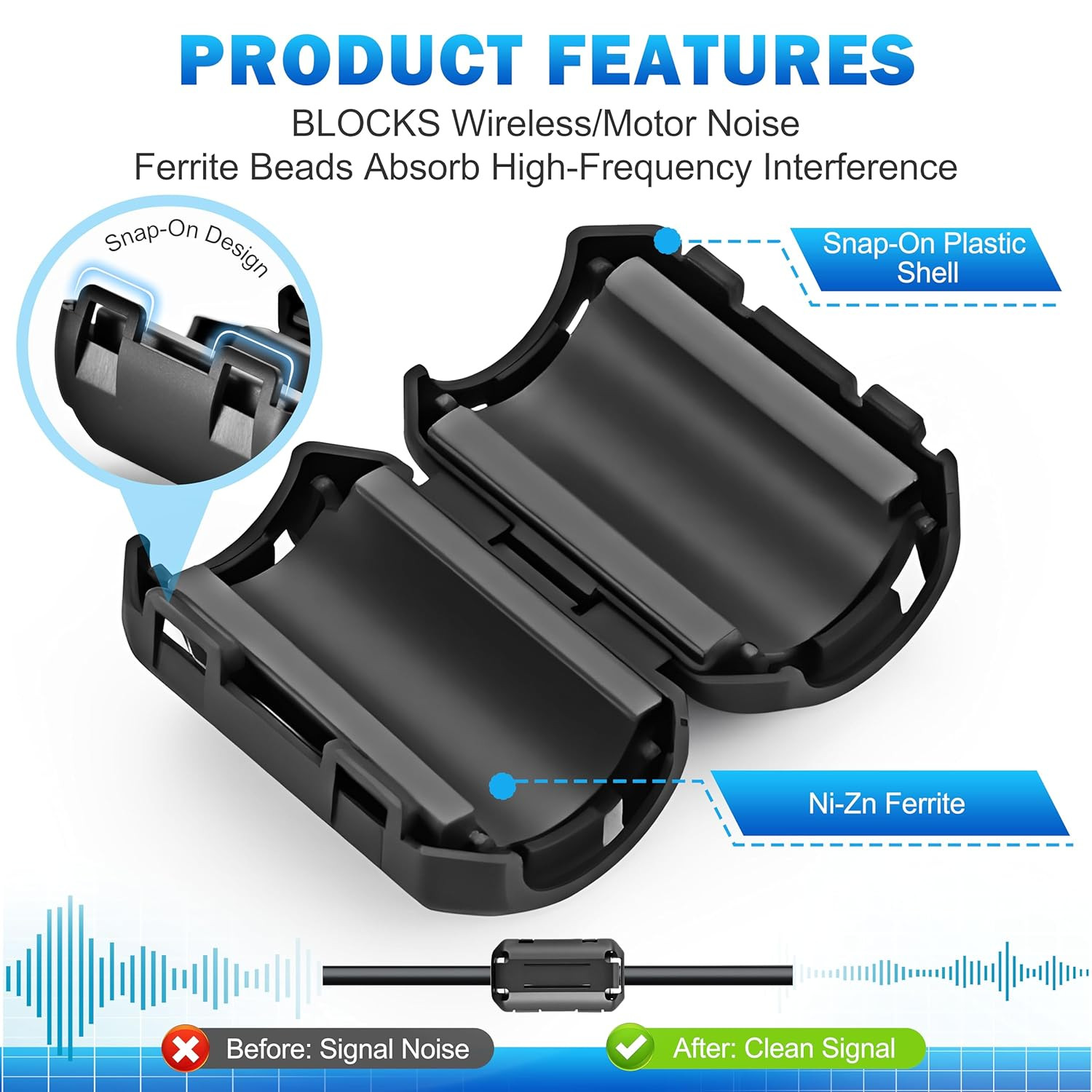 24Pcs Professional Ferrite Beads, Snap-On Ferrite Choke Core Kit for Usb/Audio/P