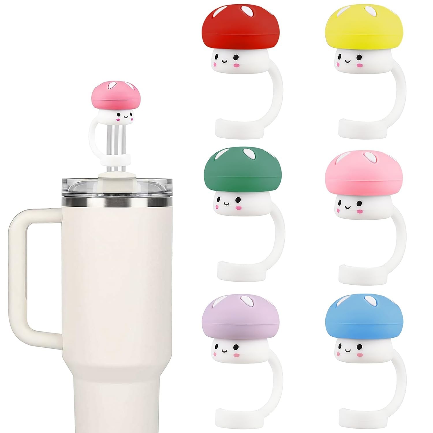 6Pcs Cute Mushroom Straw Covers Cap Compatible with Stanley Cup 30 40 oz, Smi...