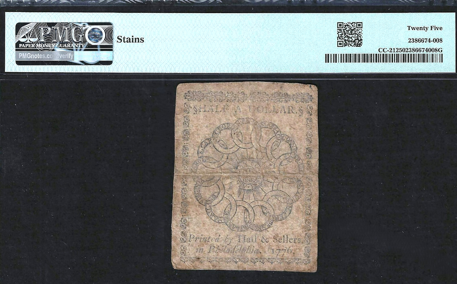 1776 CONTINENTAL CURRENCY $1/2 DOLLAR ~ CC-21 ~ FUGIO DESIGN ~ PMG VERY FINE 25