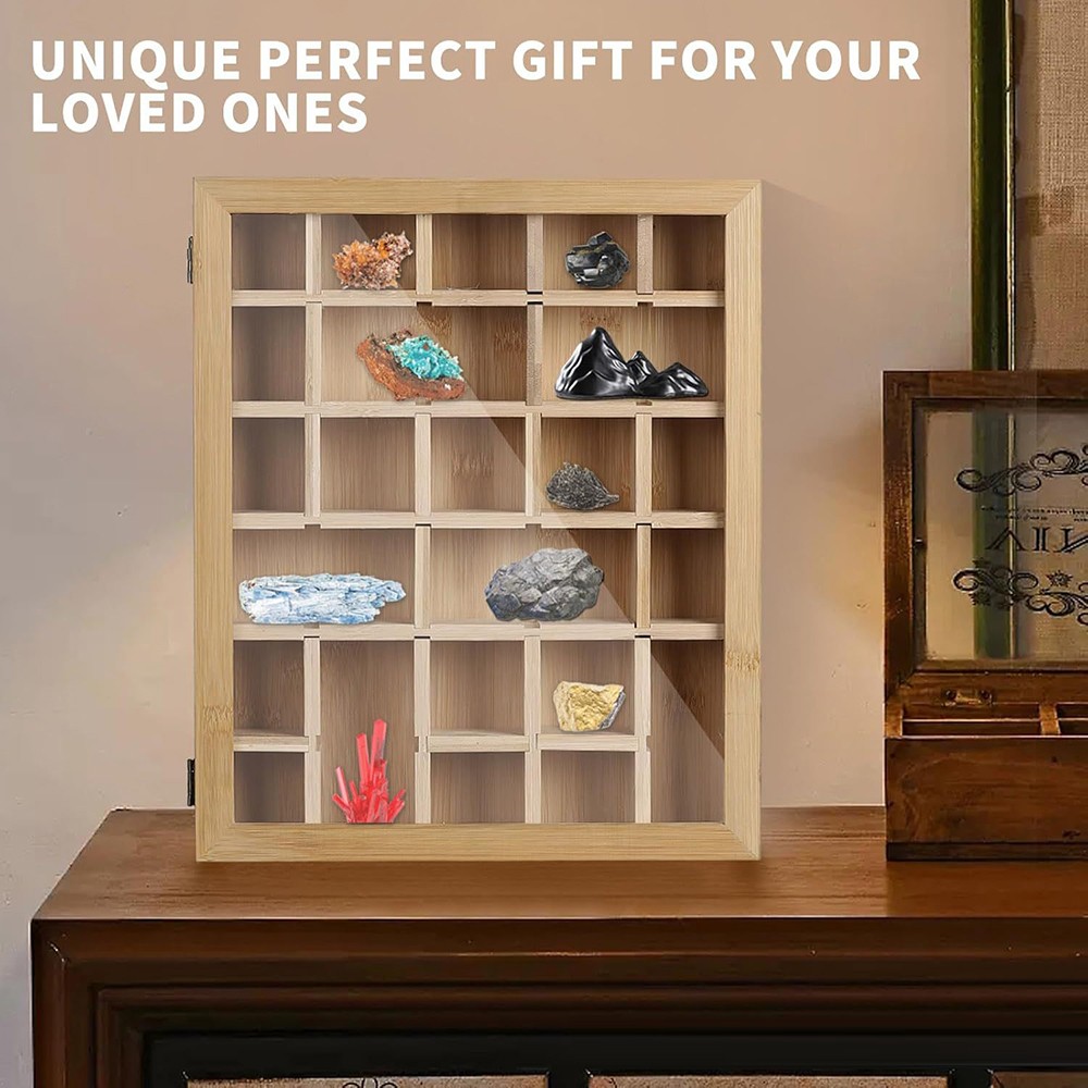 30-Grid Wooden Display Box for Crystals Rocks Minerals Collectibles Adjustable