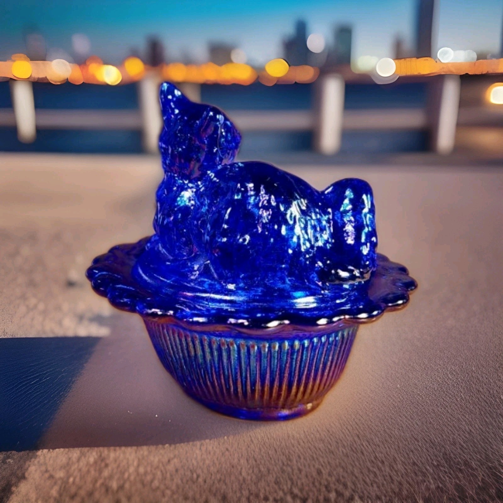 Mini Cat On Basket Cobalt Blue Carnival 2.75" x 2.25" Mosser Glass