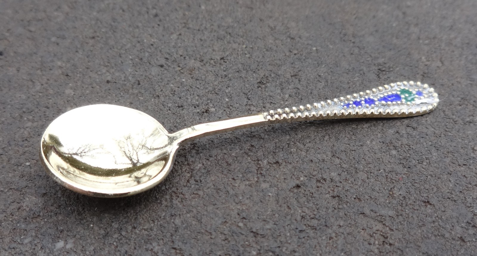 Enameled 875 Silver w/Gold Vermeil Russian Open Salt Dip, Cellar, Dish SPOON!