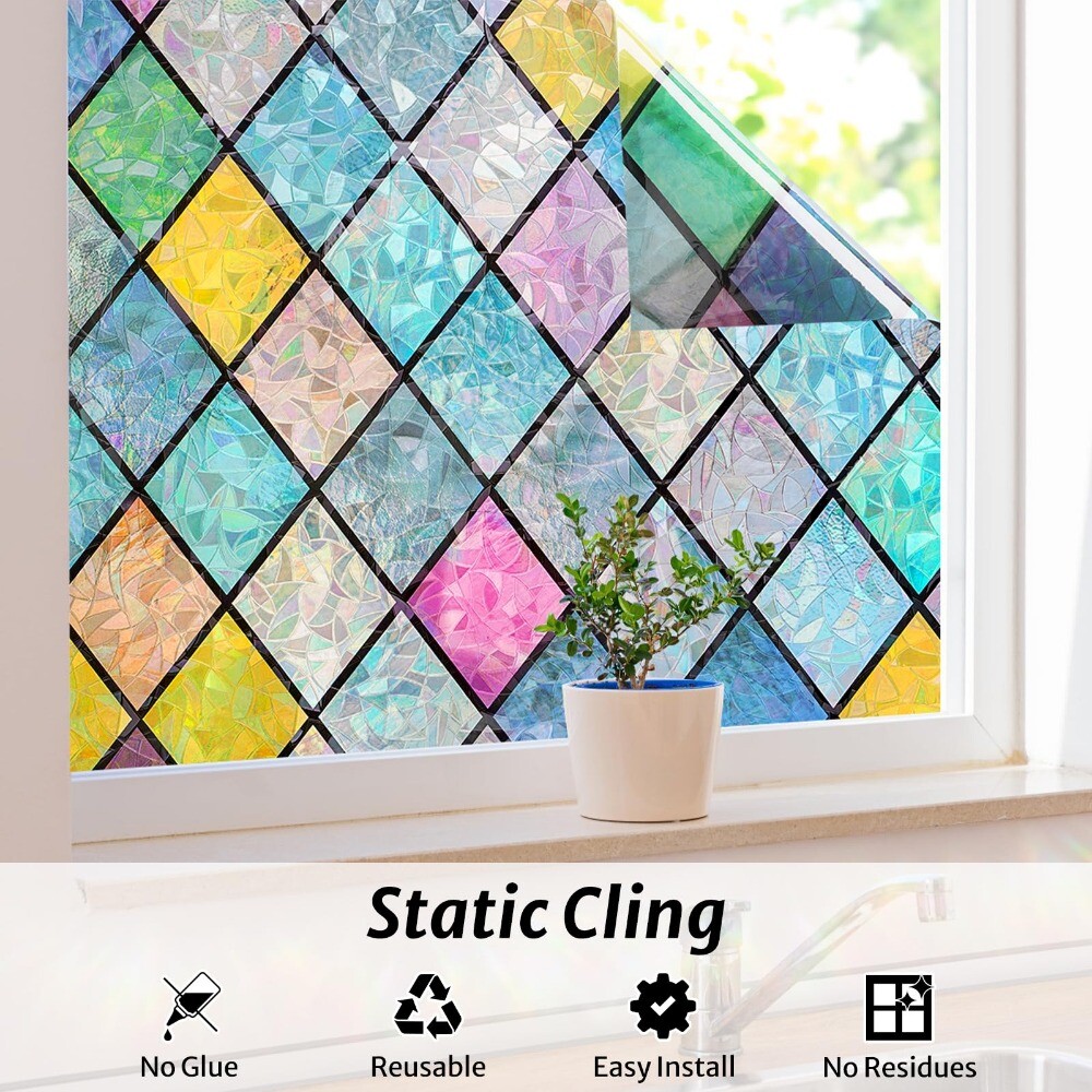 rabbitgoo Stained Glass Window Film Decorative Rainbow Colorful Lattice Sticker