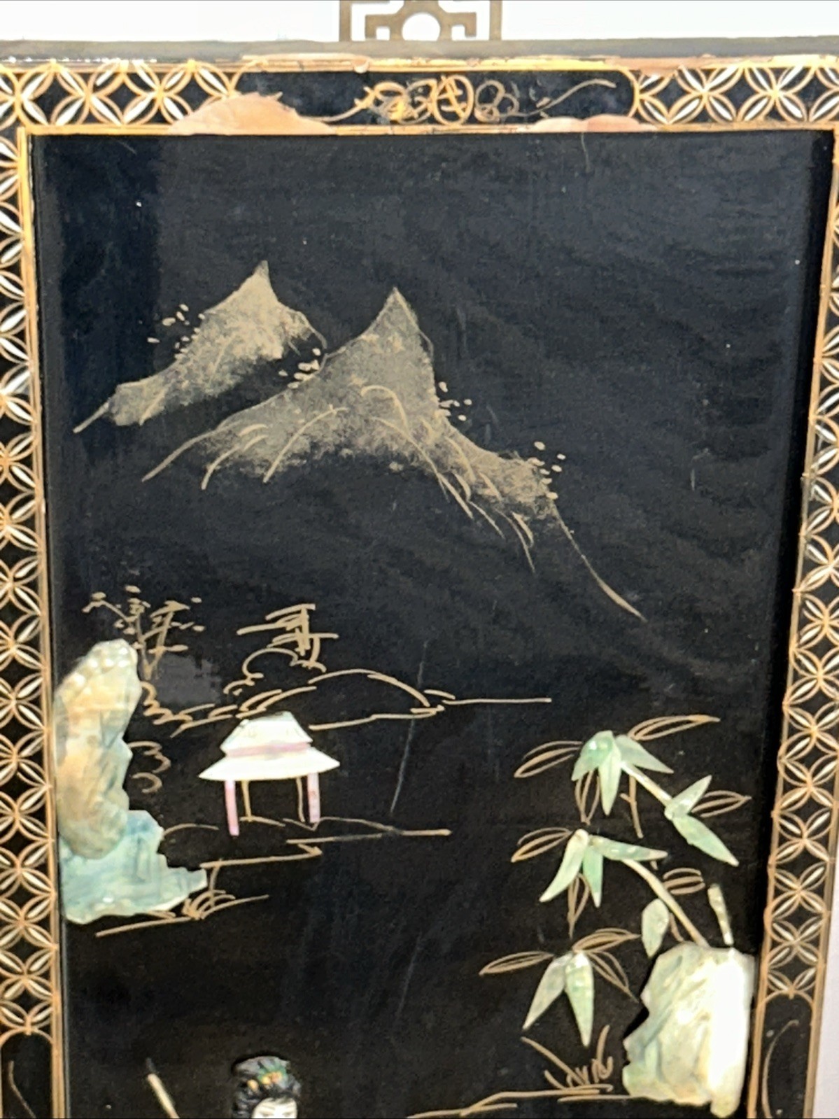 3 Vintage Laquered Asian With Mother of Pearl Panels 12”x 36” 2 Sets Available