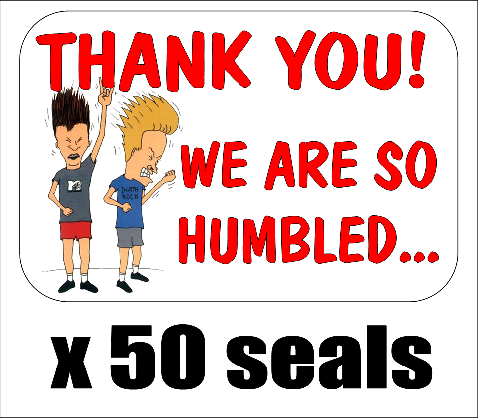 50 Beavis and Butthead Thank You Envelope Seals / Labels / Stickers, 1" x 1.5"