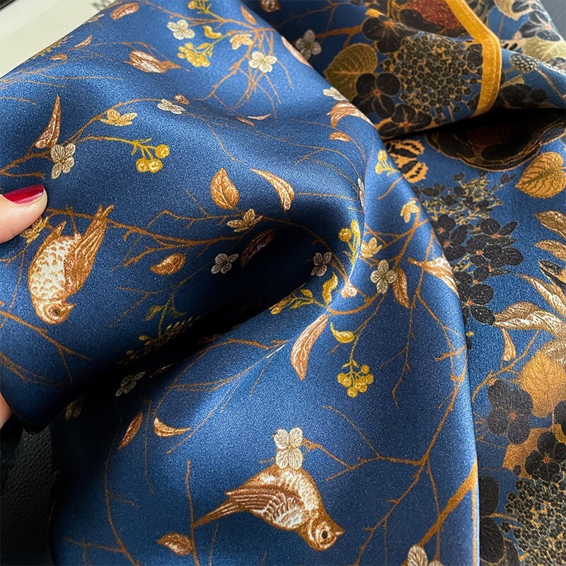 100% Silk Scarf Women Vintage Blue Leaves Kerchief Square Bandana Wrap 68*68cm
