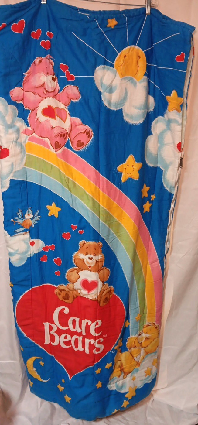 Vintage Care Bears Rainbow Sleeping Bag Kids Blue 1980 Sleepover Blanket Slumber