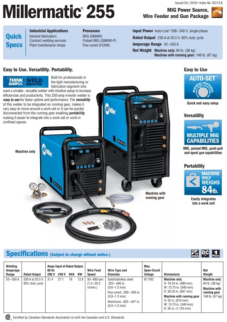 Miller Millermatic 255 MIG/Pulsed MIG Welder- 208/240V w/Running Gear (951766)