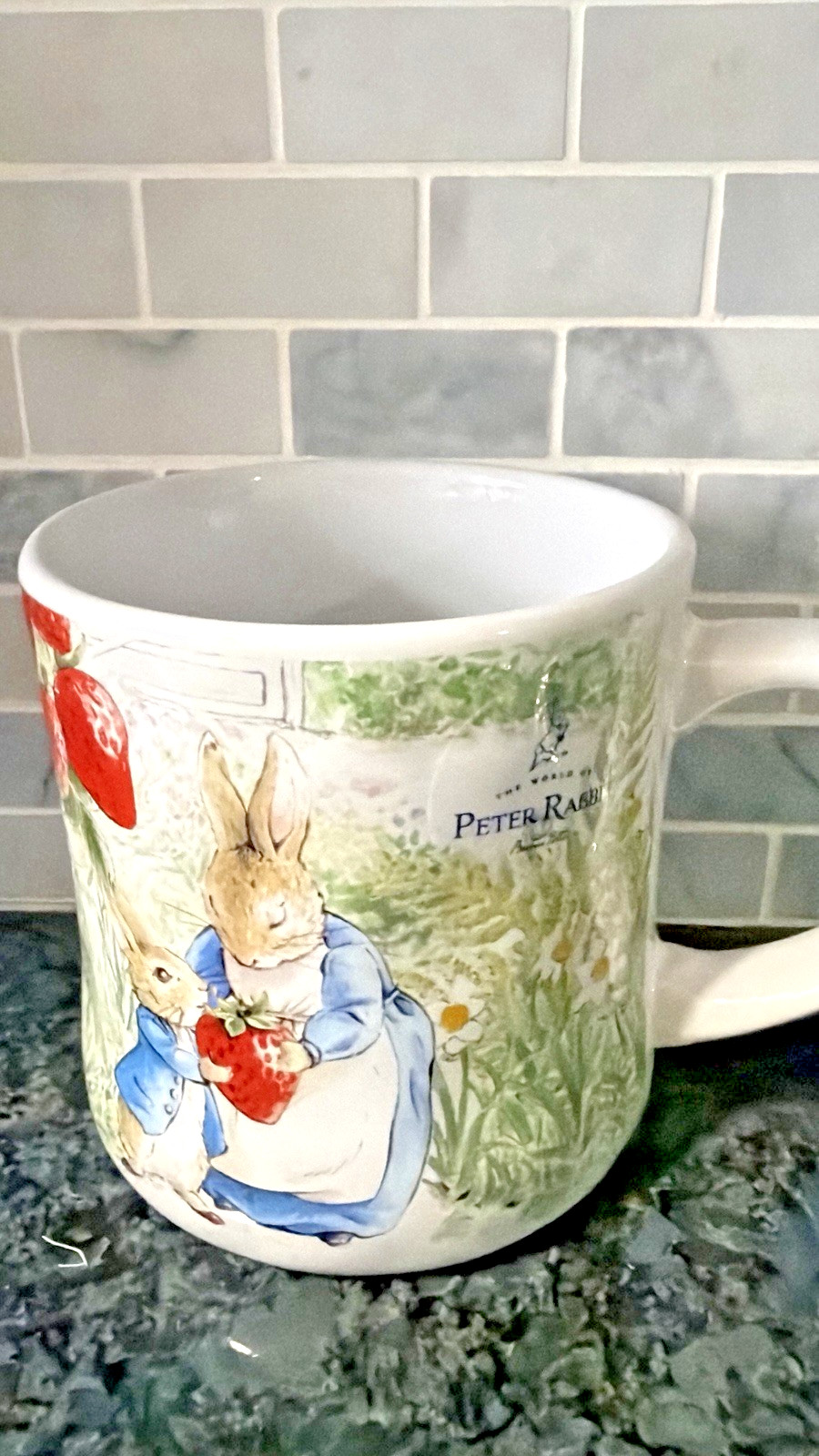 Peter Rabbit 14oz Mug Easter Vibrant Flowers w/Strawberries (BEATRIX POTTER) NEW