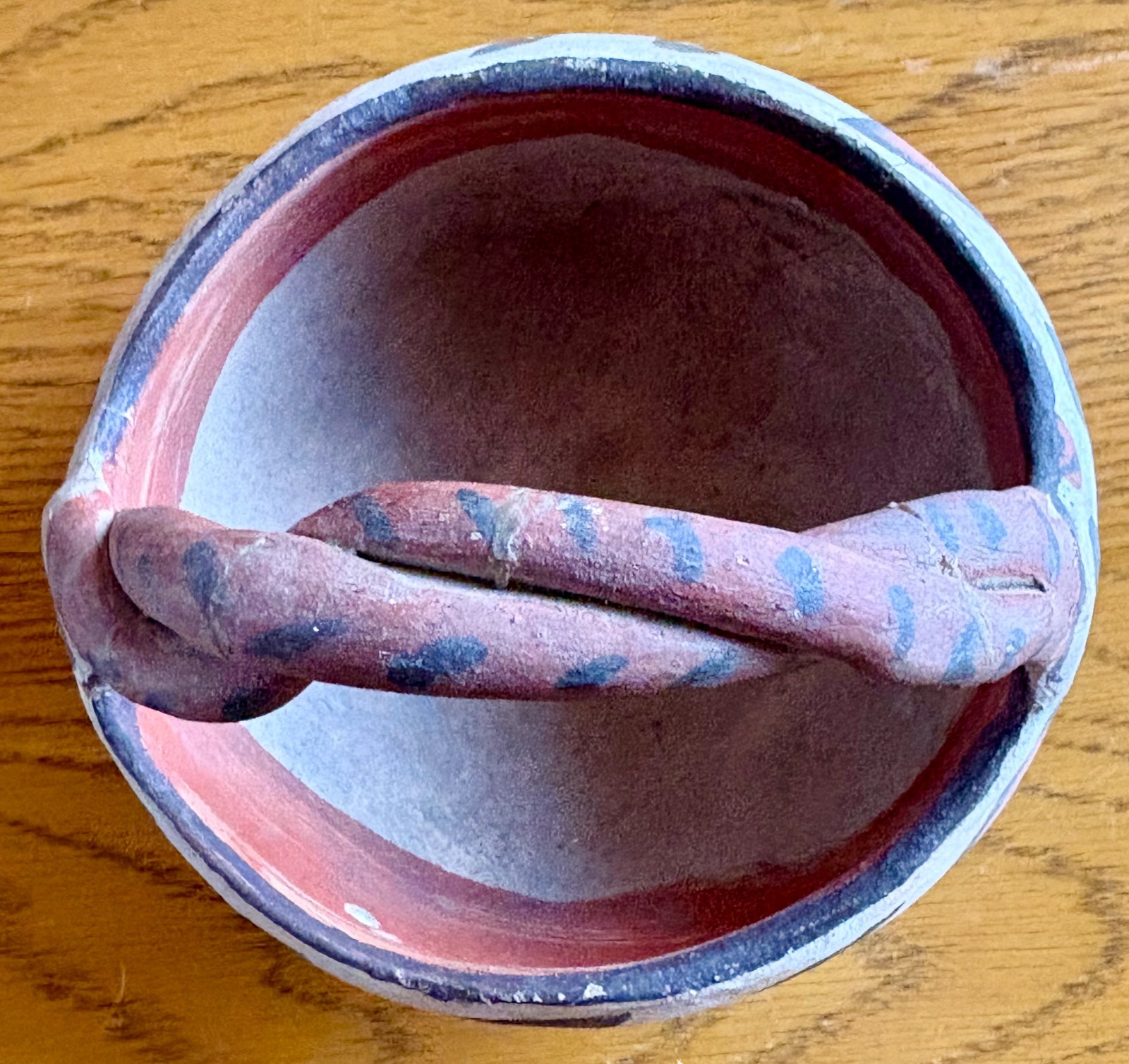 Antique Southwest NM ISLETA Pottery Bowl w/ Rope Twist Handle 4" x 4 1/4" AS-IS