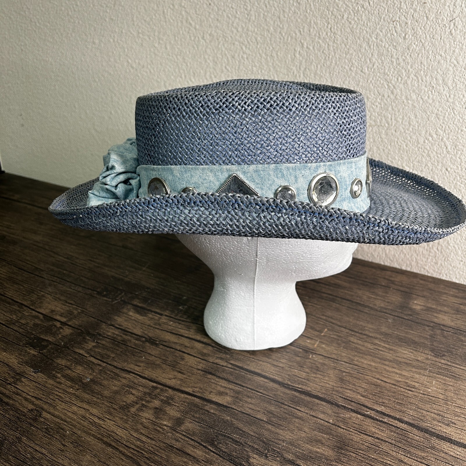 VINTAGE Something Special Straw Hat 1980s Gantos Blue Embellished Derby 3425