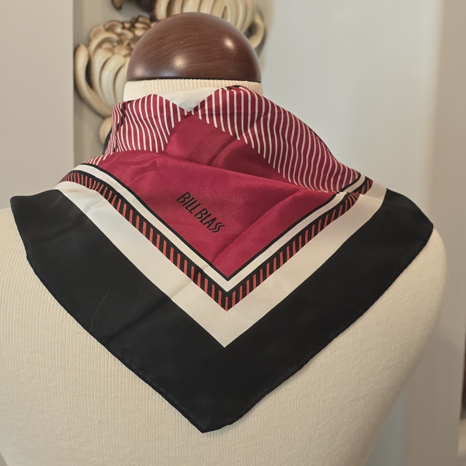 Vintage Bill Blass Scarf Silk Mod Red Black White Geometric 27x27.5 Inches
