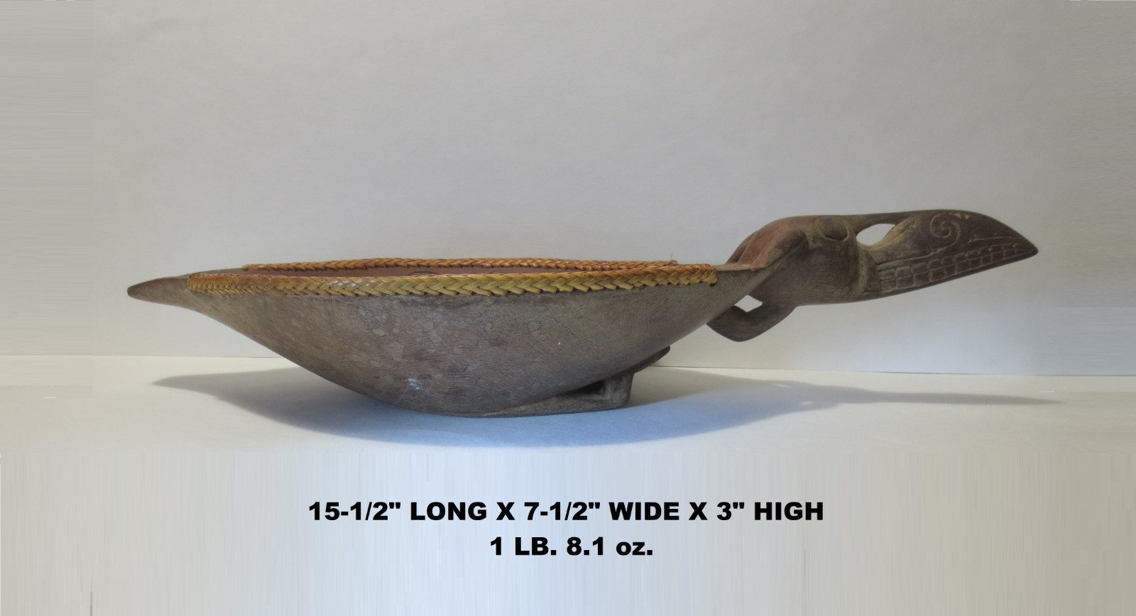 RARE! ANTIQUE! c1900 BORNEO "ASO DRAGON" CARVED WOOD BOWL w WEAVED RATTAN RIM