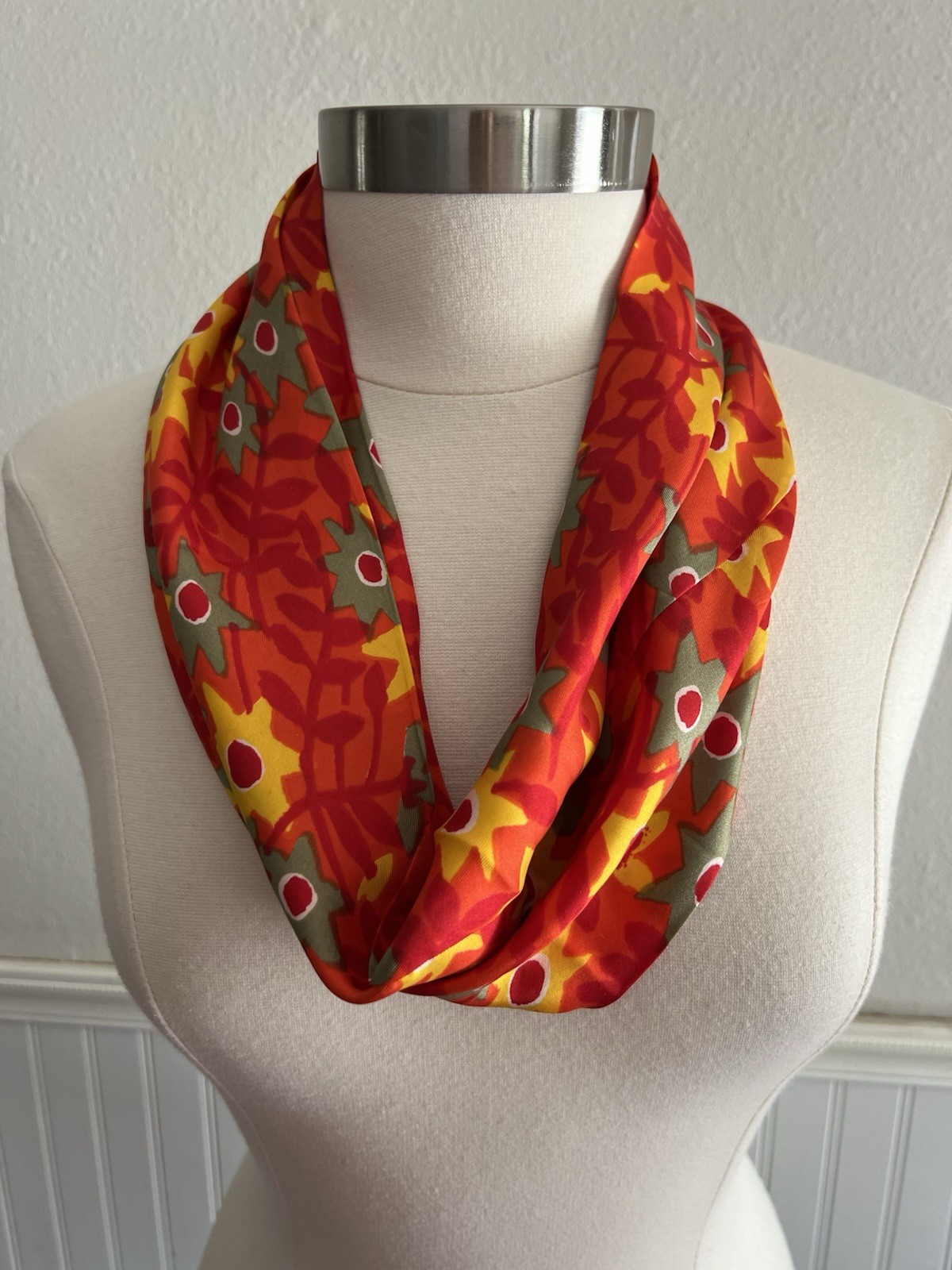 Vera Neumann Vintage Silk Infinity Scarf Floral Orange Red Yellow Made in Japan