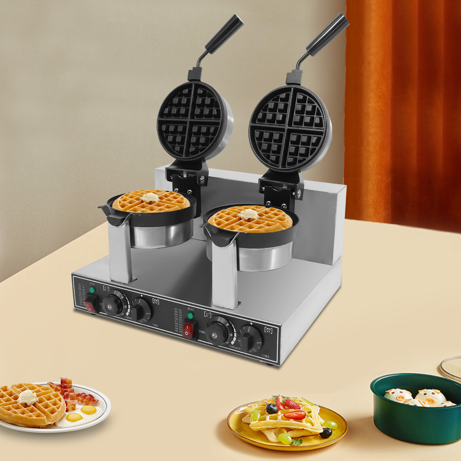 Commercial Dual Head Belgian Waffle Maker Rotating Double Waring Breakfast Maker