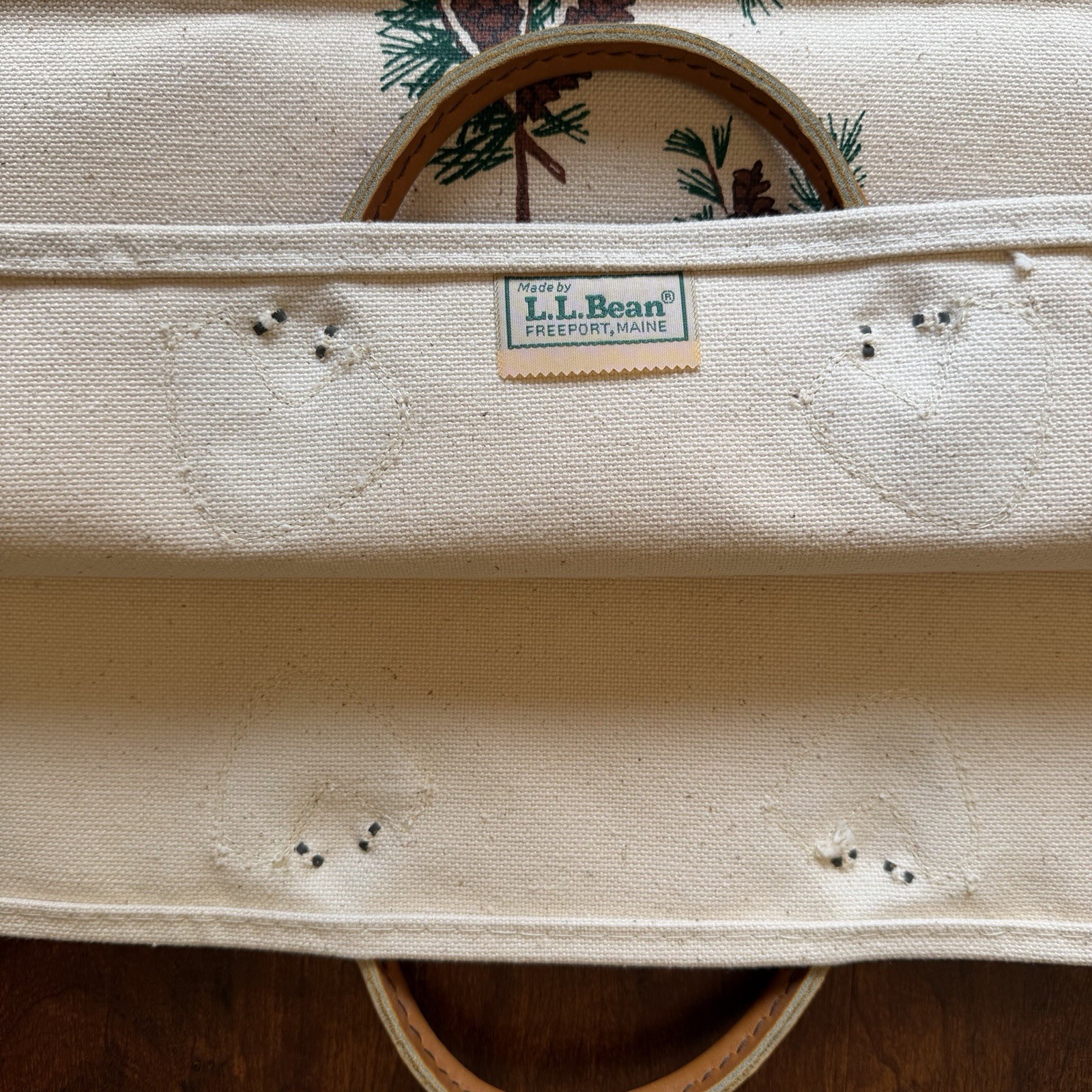 L.L.Bean Canvas Firewood Holder Carrier Pine Cone Design Leather Handles Vintage