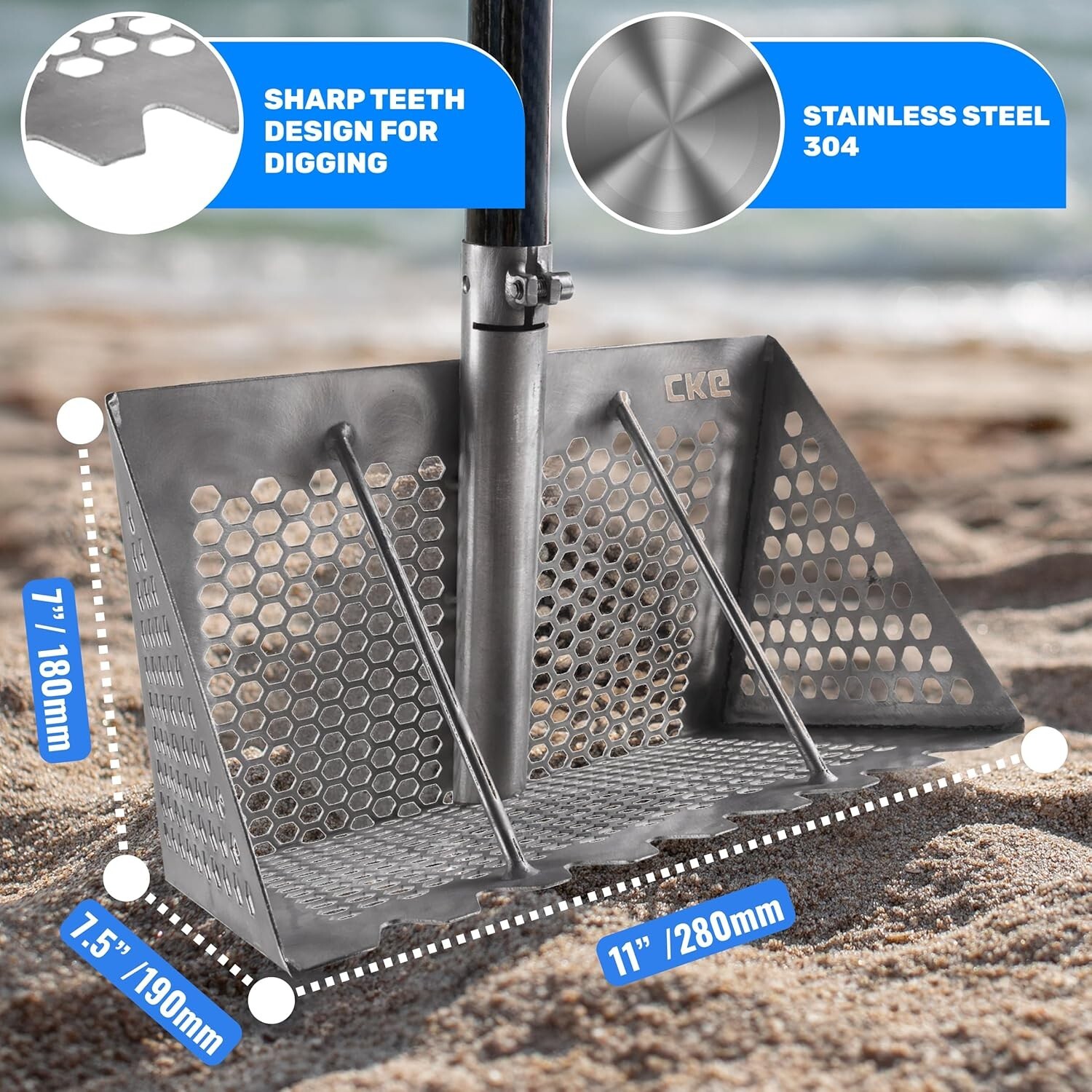 CKG Shark Tooth Sifter & Sand Scoop for The Beach, Sand Flea Rake+ Carbon Handle