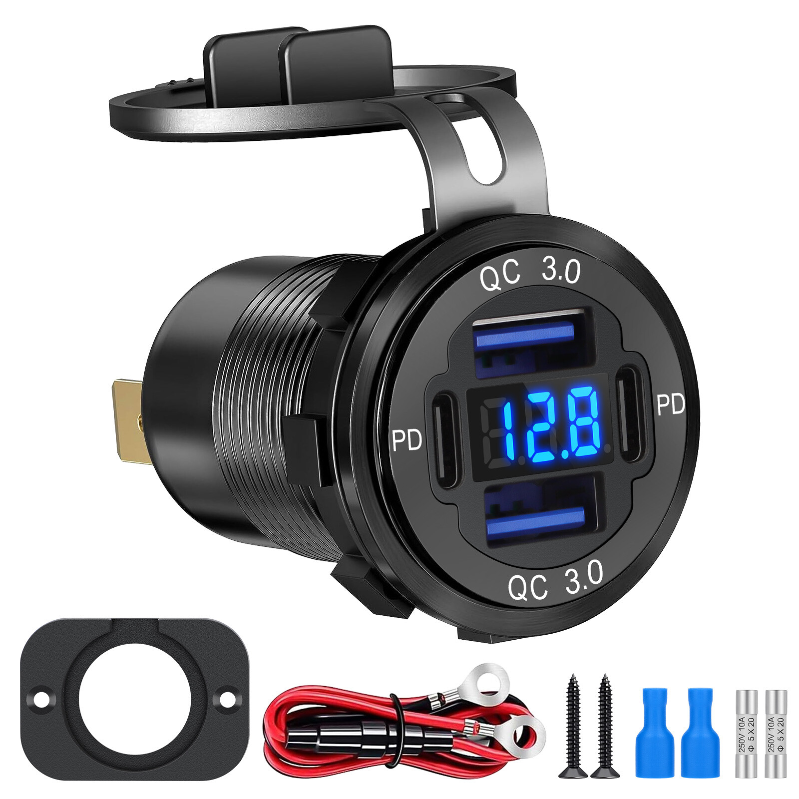12-24V 4 Port Fast Car Charger QC3.0 & PD USB C Outlet Socket for Boat RV Marine