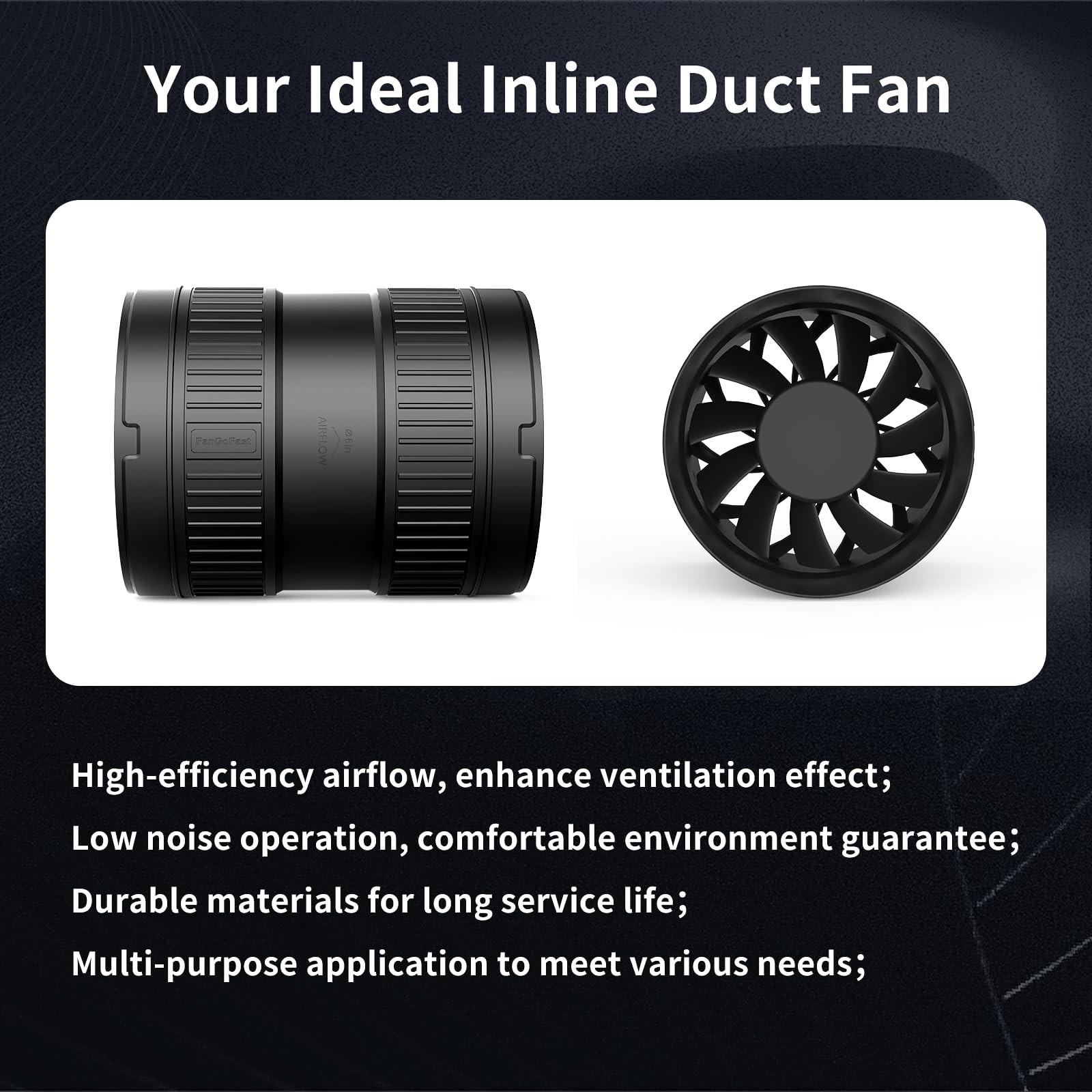 6 Inch Inline Duct Fan 345CFM with Stepless Speed Control, New