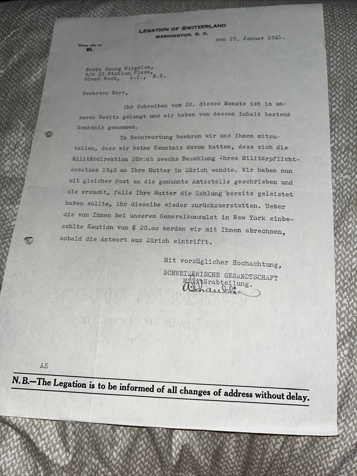 1941 Correspondence To Ice Skating Champion: Legation of Switzerland Letterhead