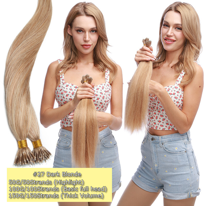 300PCS THICK 100% Remy Human Hair Extensions Nano Ring Tip Micro Loop Beads 150G