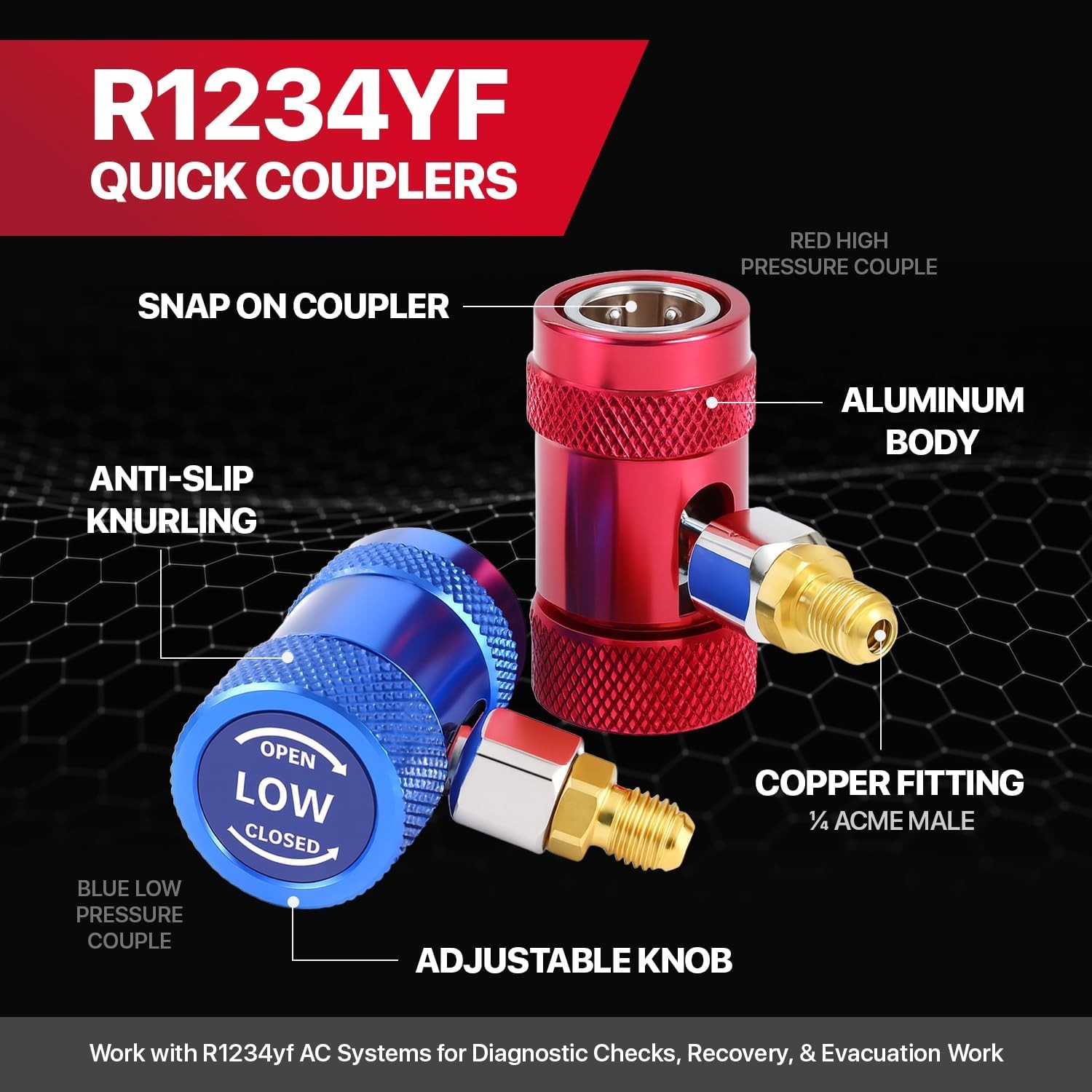 Car A/C R1234YF Quick Coupler Adapter Set with Self-Sealing & Puncture Can Tap