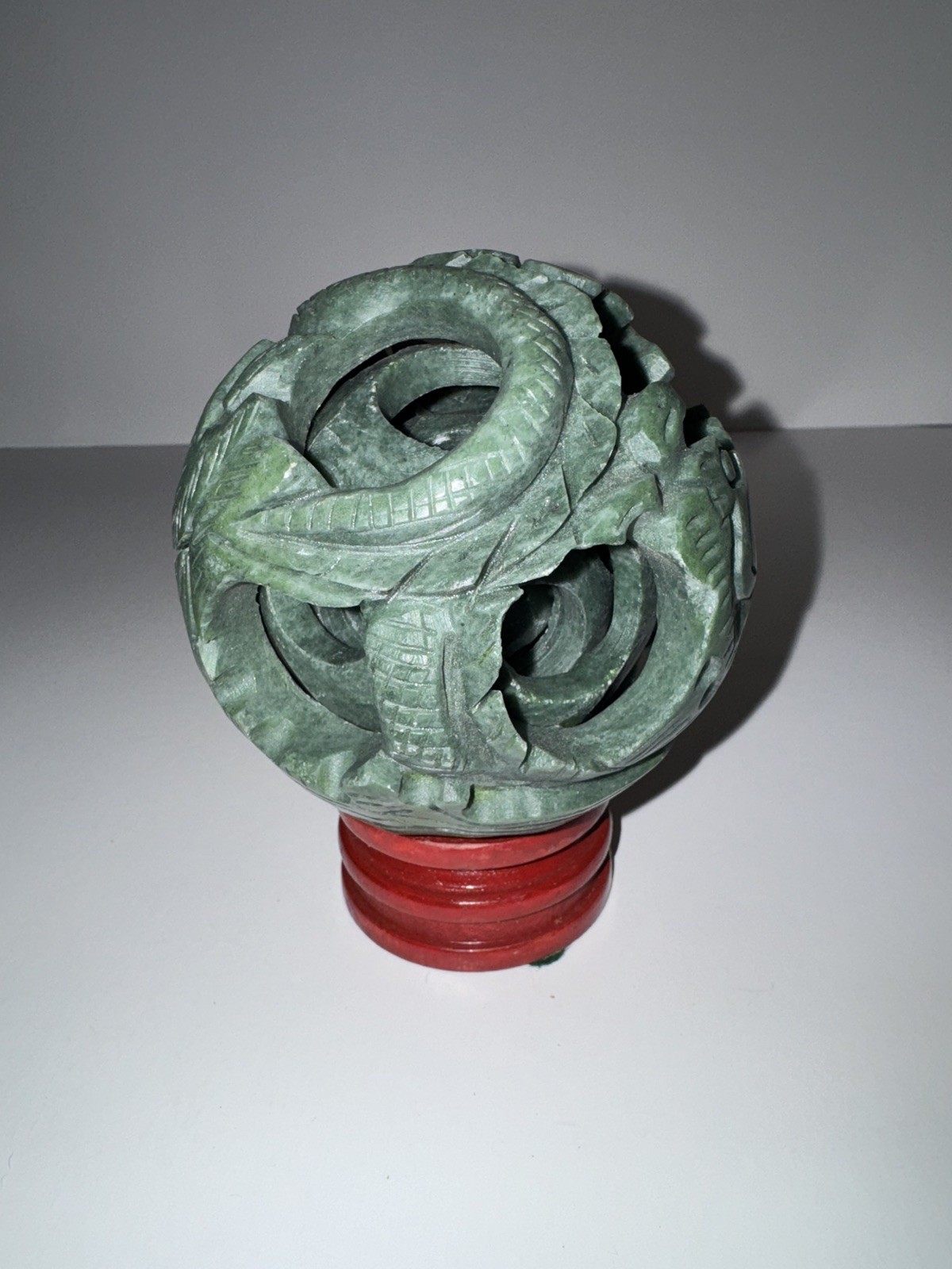 Beautiful Hand Carved Dragon 4 Layers Green Jade Puzzle Sphere Ball w/ Stand
