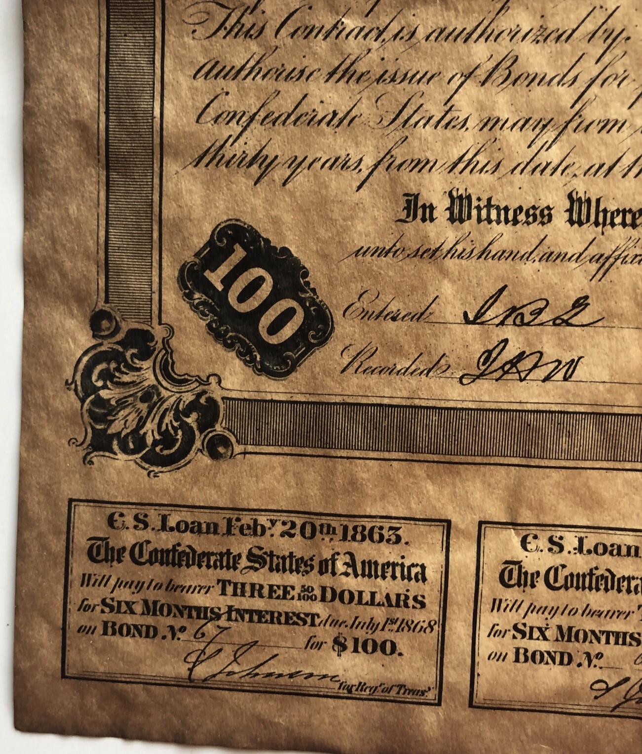 Antique Feb 1863 Confederate States of America Loan Bond #67 100$ Richmond