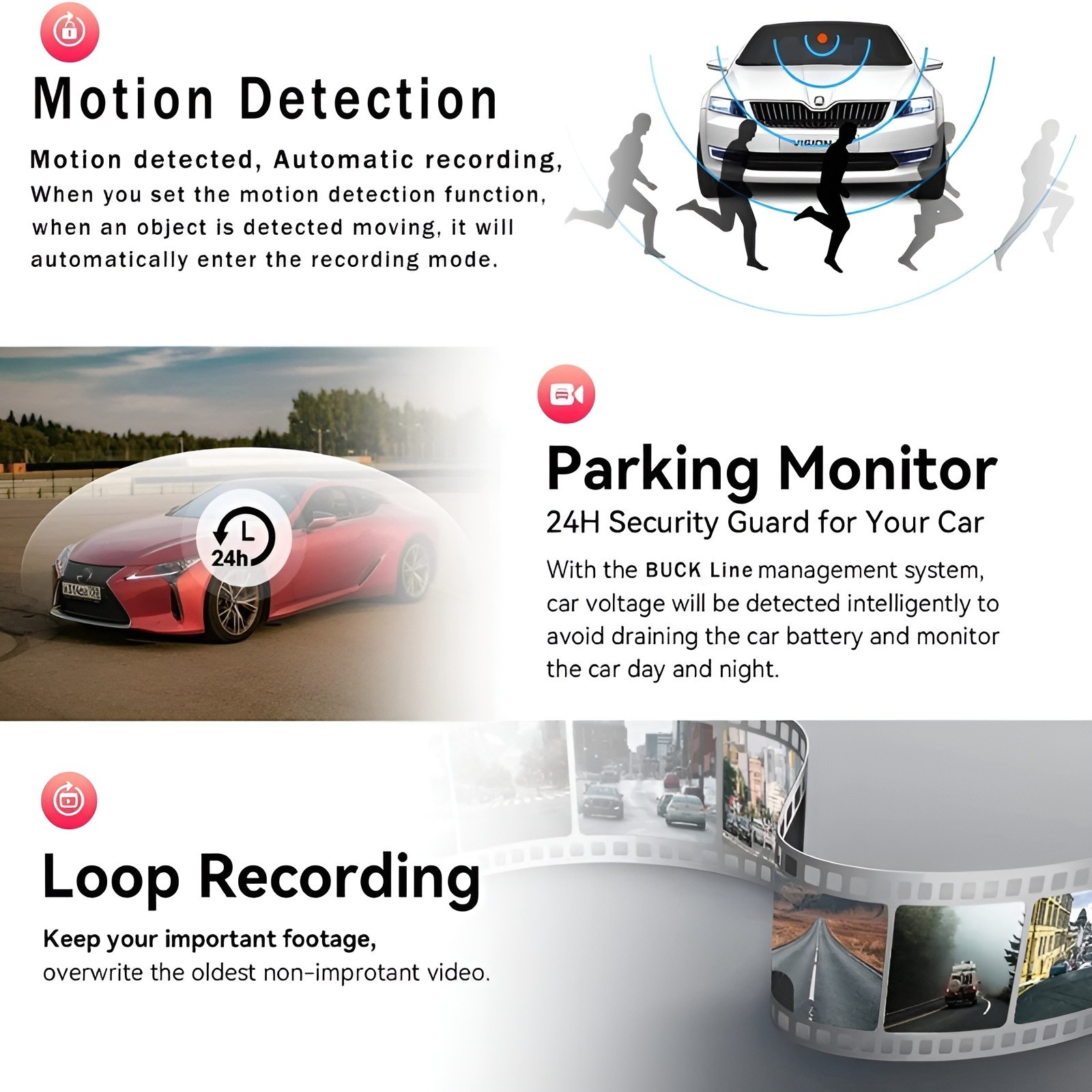 3 Lens Dash Cam Front Cabin Rear 1080P Night Vision, Parking Monitor, G-Sensor