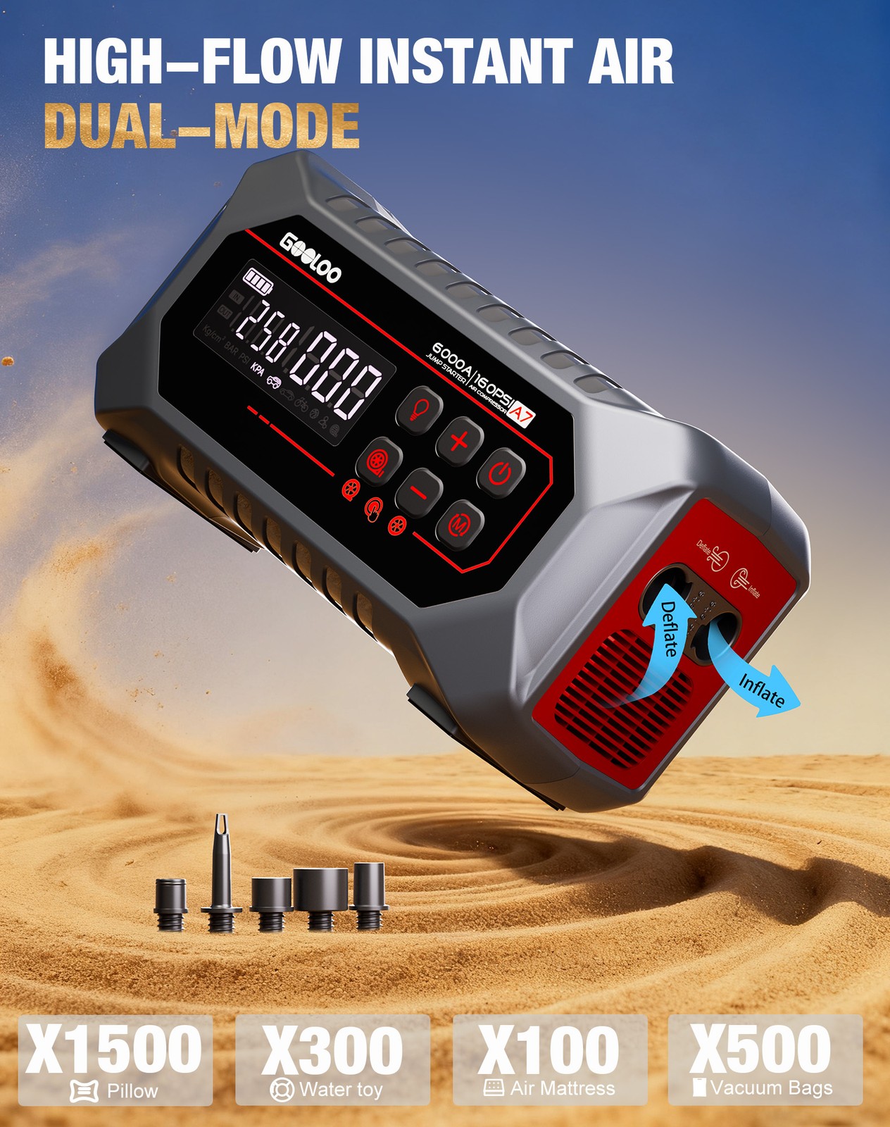 GOOLOO A7 Jump Starter with Air Compressor 6000A &160PSI 12V Car Battery 12-in-1