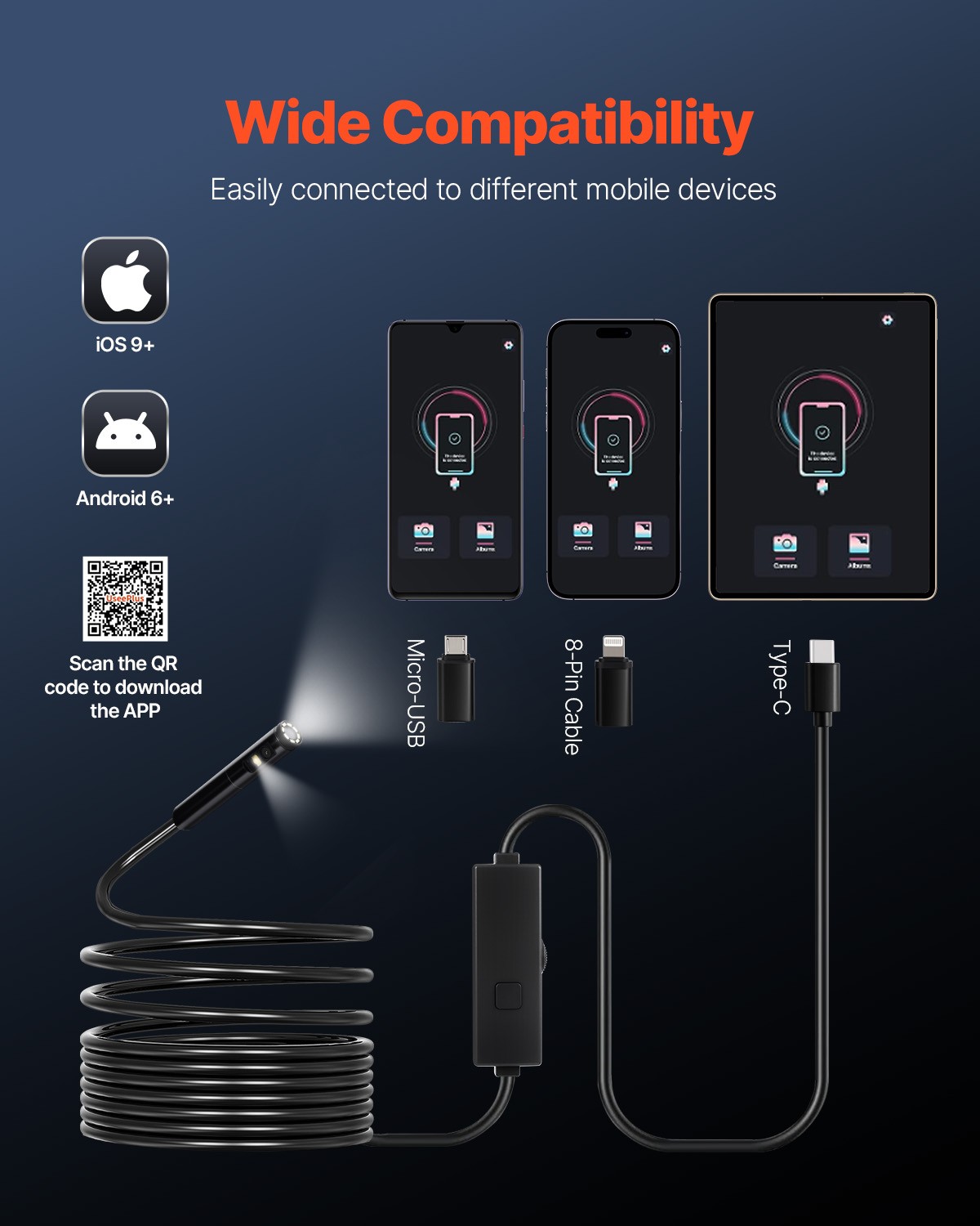 VEVOR Dual Lens Borescope Endoscope Camera for Android IOS & 16.4FT Snake Cable