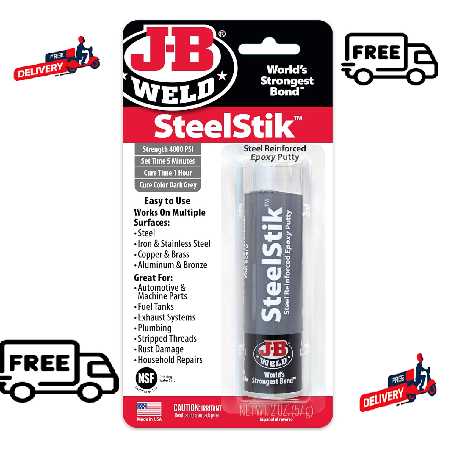 J-B Weld 8267 SteelStik Steel Reinforced Epoxy Putty Stick - 2 oz.