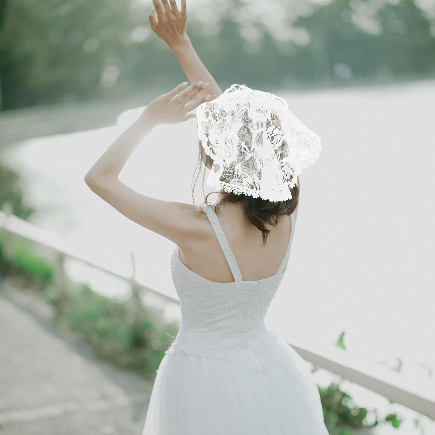 2 Pcs Lace Chapel Veil Head Coverings – Black & White Floral Short Mantilla