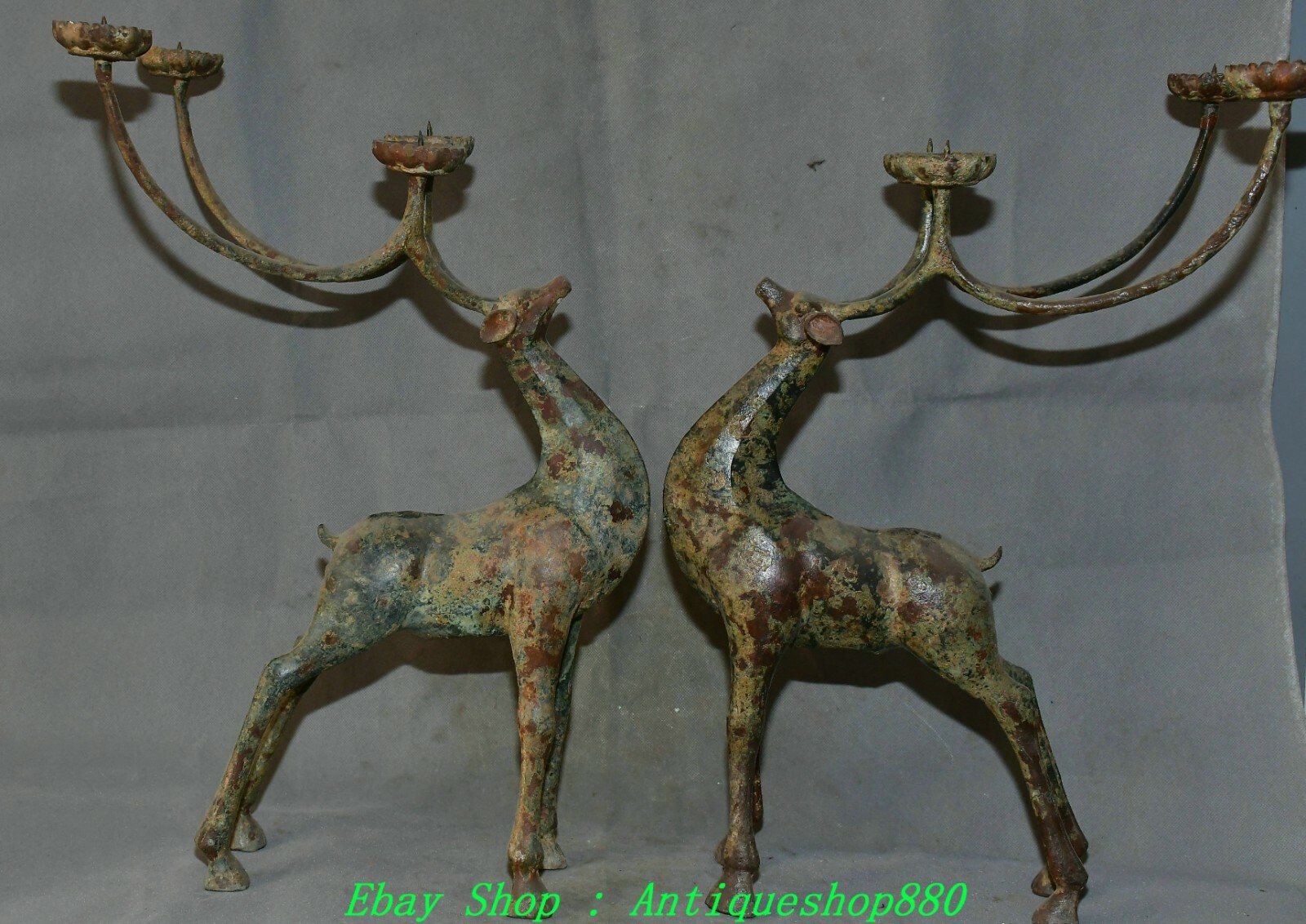 20.8'' Old China Dynasty Bronze Ware Deer Candle Holder Candlestick Statue Pair