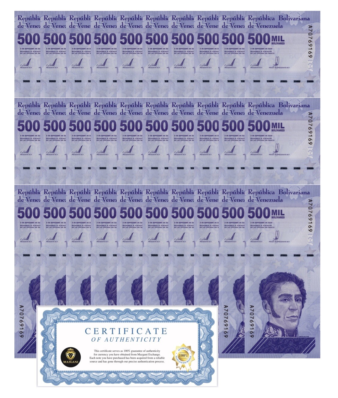 Venezuela 500 Mil Bolivar Soberano 2020 UNC qty 30 PCS 500,000 (1/2 Million) New