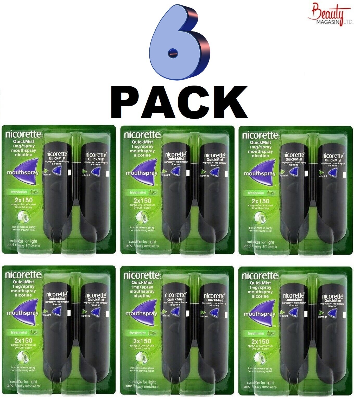6 x Nicorette Quickmist Duo, 2 x 150 sprays-(12 SPRAY)FREE SHIP TO USA