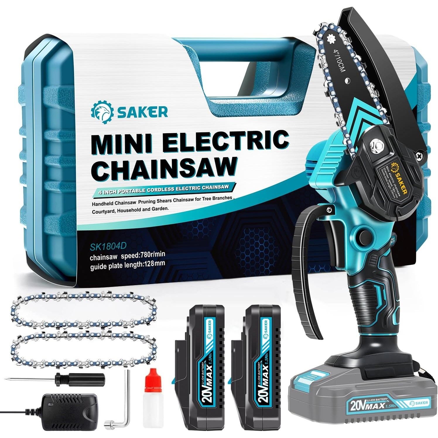 Saker 4" Mini Chainsaw w 2 Batteries & Charger Portable Electric Cordless- Blue