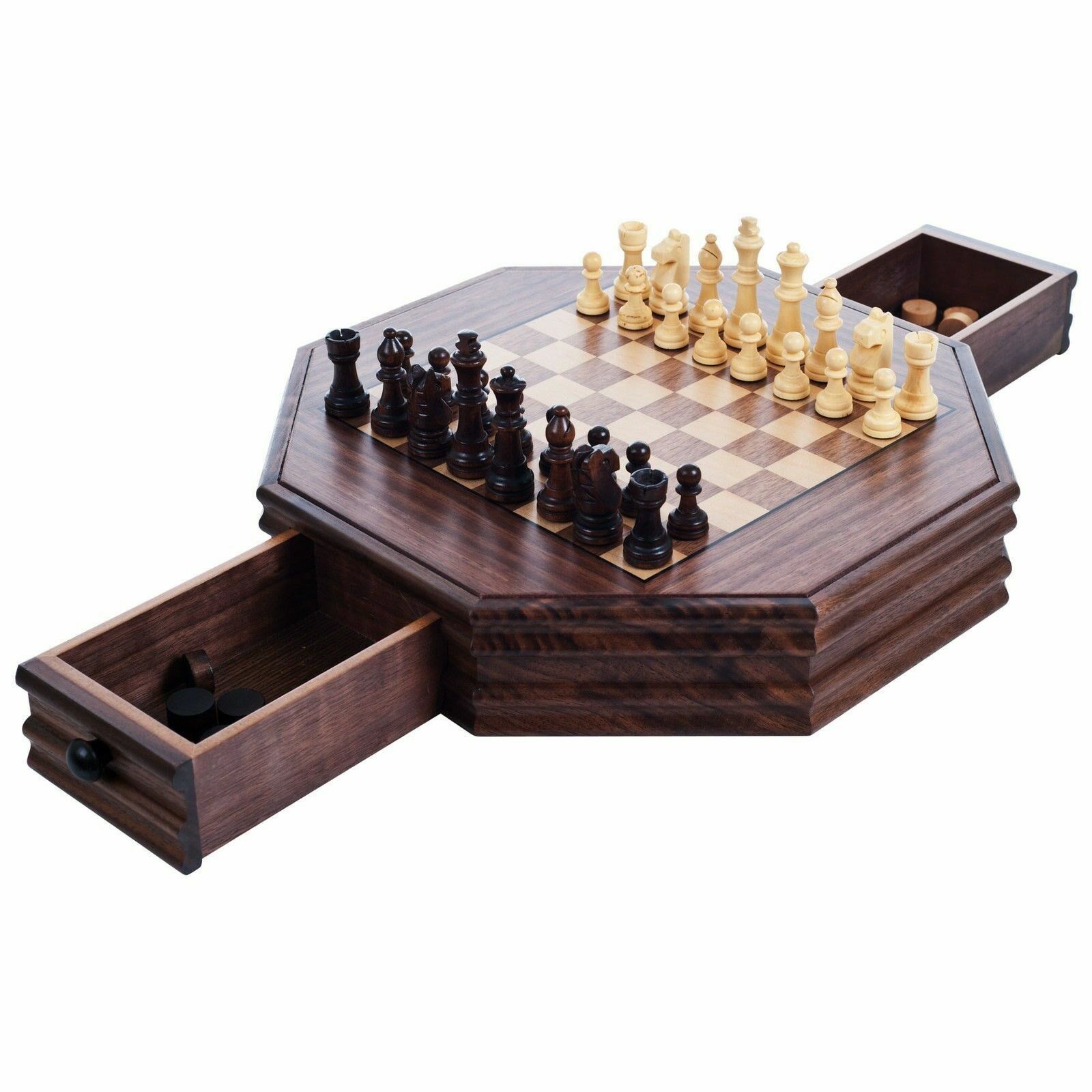 Octagon Wooden Chess and Checkers Set 13 Inch Storage Drawers Nice Office Set