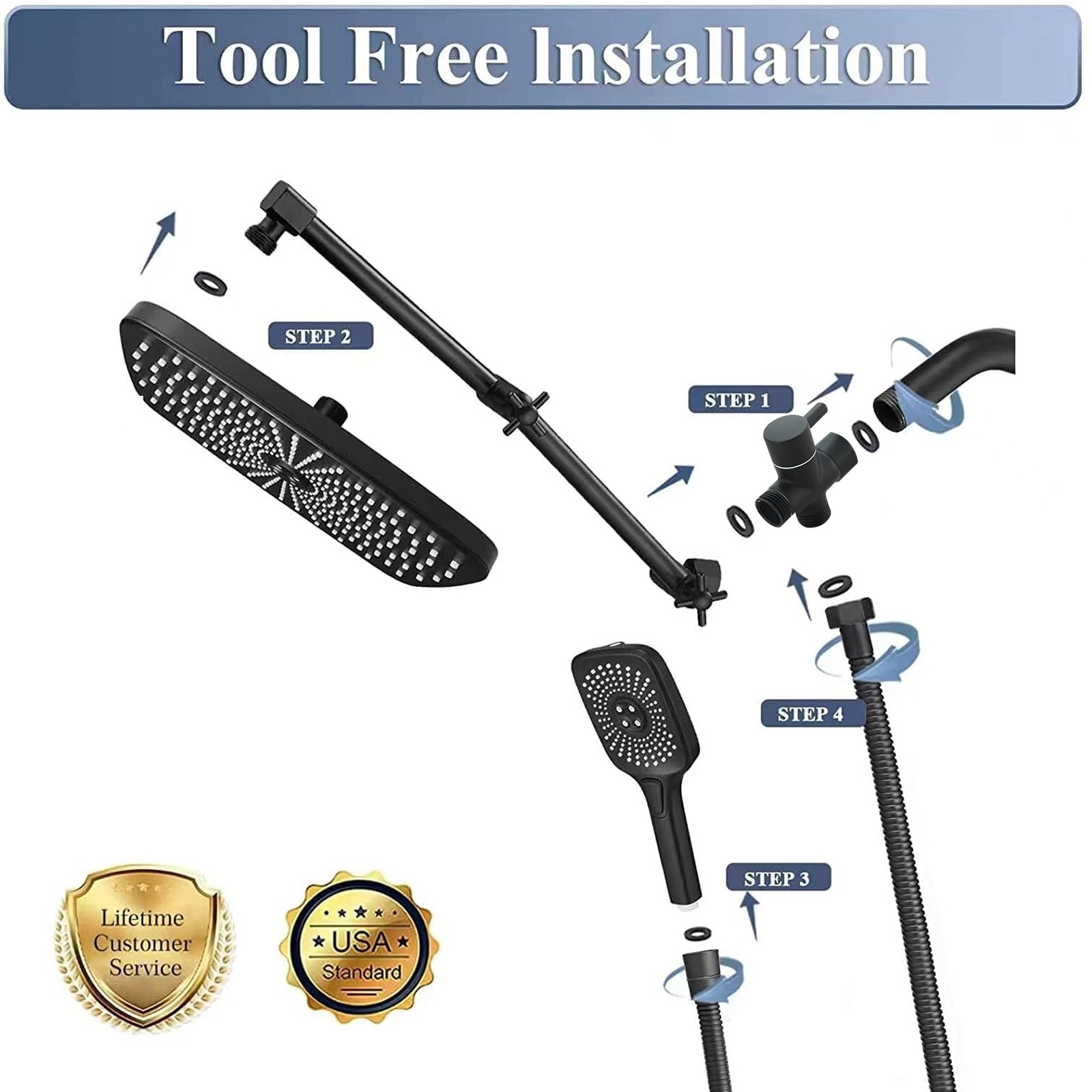 Black Rain Shower Head with Handheld Spray Set High Pressure 16" Adjustable Arm