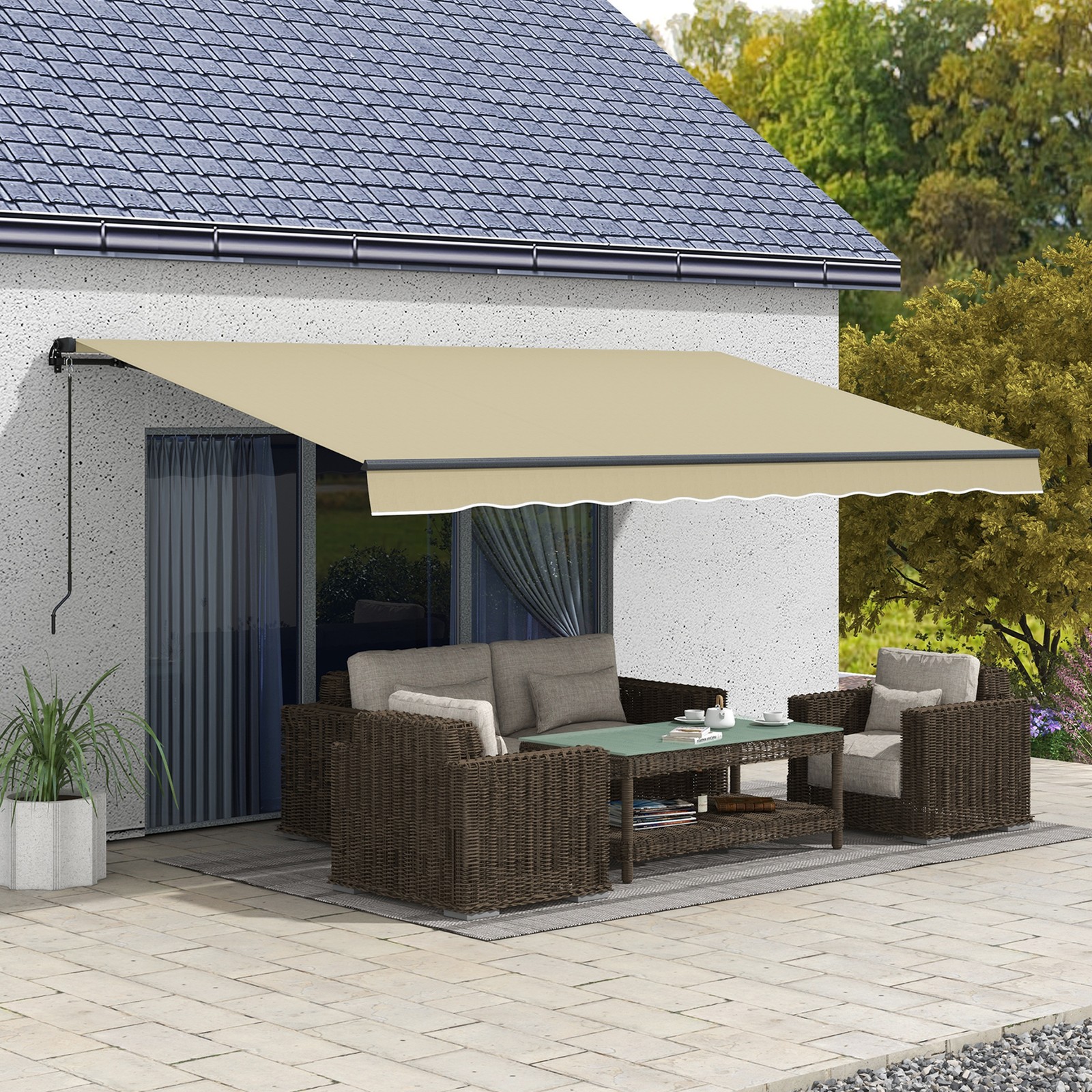 Outsunny 16' x 10' Patio Retractable Awning Sunshade Shelter, Beige
