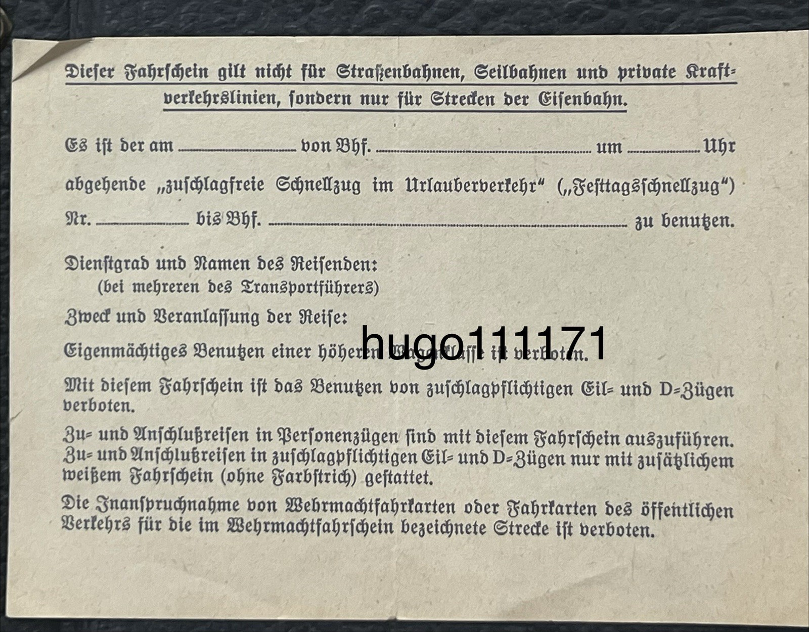 One German ww2 Dokument Wehrmachtfahrschein Official railway travel document